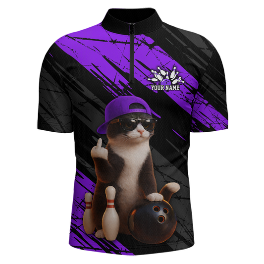Custom Funny Cat Purple Bowling Jersey for Men Bowling Polo & 1/4 Zip Bowling Team Shirts HNT198