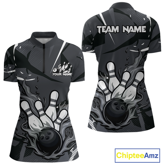 Custom Flame Bowling Jersey for Women Polo & 1/4 Zip Bowling Team Shirts Bowling League HNT151