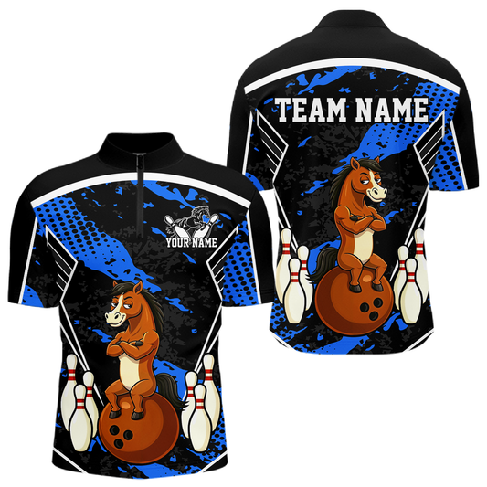 Custom Blue Funny Horse Bowling Tournament Jersey for Men Bowling Team Shirts Polo & 1/4 Zip HNT180