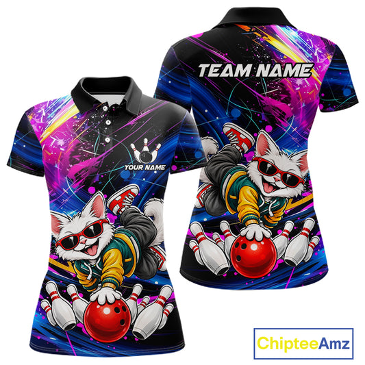 Custom Colorful Funny Cat Bowling Jerseys for Women Bowling Team Jerseys Bowling for Bowlers HNT609