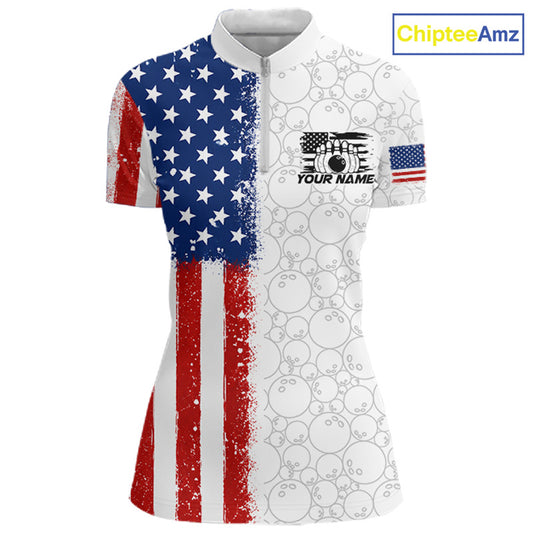 A women's short-sleeve cycling jersey with a split design: the left side features a distressed American flag pattern in red, white, and blue, and the right side is white with a bowling ball pattern. The center has a graphic with the text 'YOUR NAME' and a bowling theme.