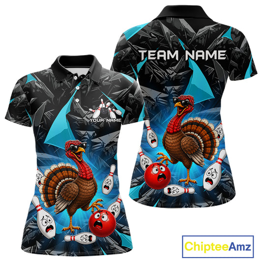 Turquoise Funny Turkey Bowling Team Shirts for Women Custom Chicken Thanksgiving Bowling HNT535