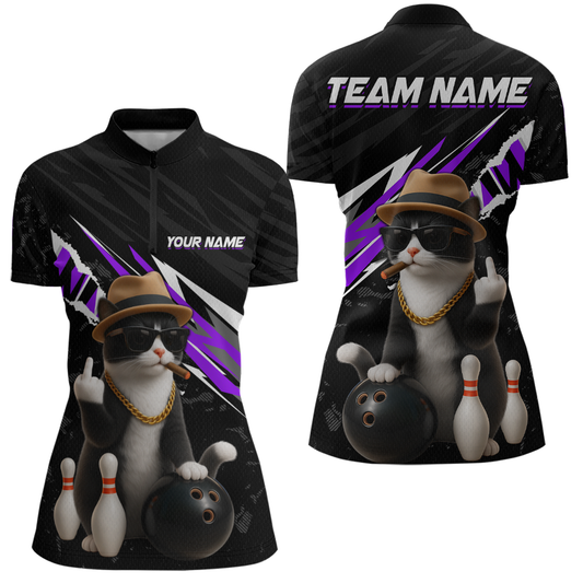 Custom Purple Funny Cat Bowling Jersey for Women Bowling Shirt Polo & 1/4 Zip Bowling Team Shirts HNT136