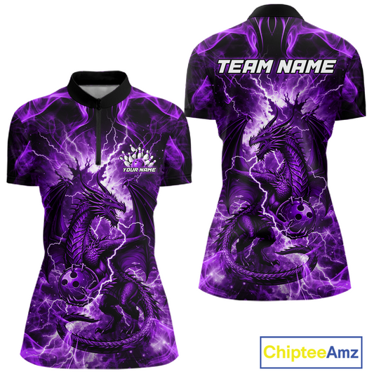 Custom Purple Lightning Dragon Bowling Team Shirts Bowling Jerseys for Women Polo & 1/4 Zip HNT549