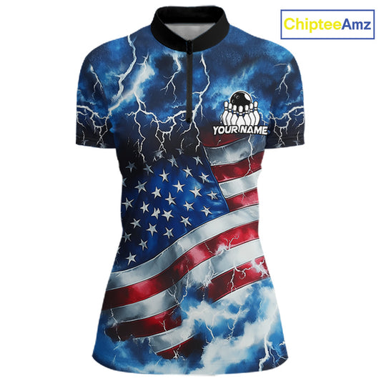 A women's short-sleeve half-zip polo shirt with a custom print featuring a blue stormy sky with lightning, an American flag pattern, and a placeholder graphic with the text 'YOUR NAME'. The ChipteeAmz logo is visible in the top right corner.