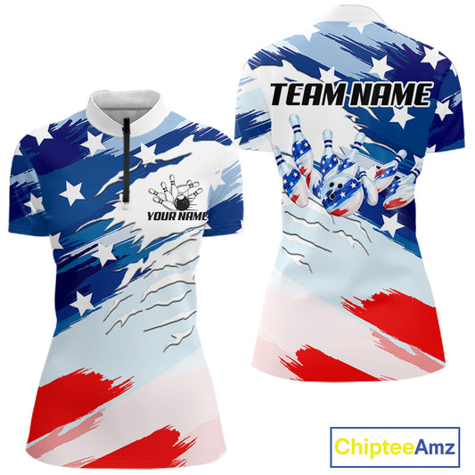 Custom American Flag Bowling Jersey for Women Bowling Team Shirts Patriotic Bowling League HNT460