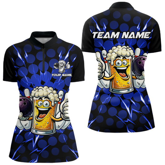 Custom Blue Funny Beer Bowling Jersey for Women Bowling Team Shirts Polo & 1/4 Zip HNT187