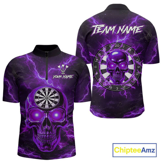 Custom Purple Lightning Thunder Skull Dart Shirts For Men Darts Team Jerseys Polo & 1/4 Zip NNT135