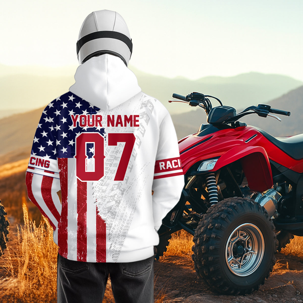 American Flag Quad Bike Hoodie For Adult Youth Kid Atv Motocross Hooded Patriotic Off-Road Quad Shirt NHN005