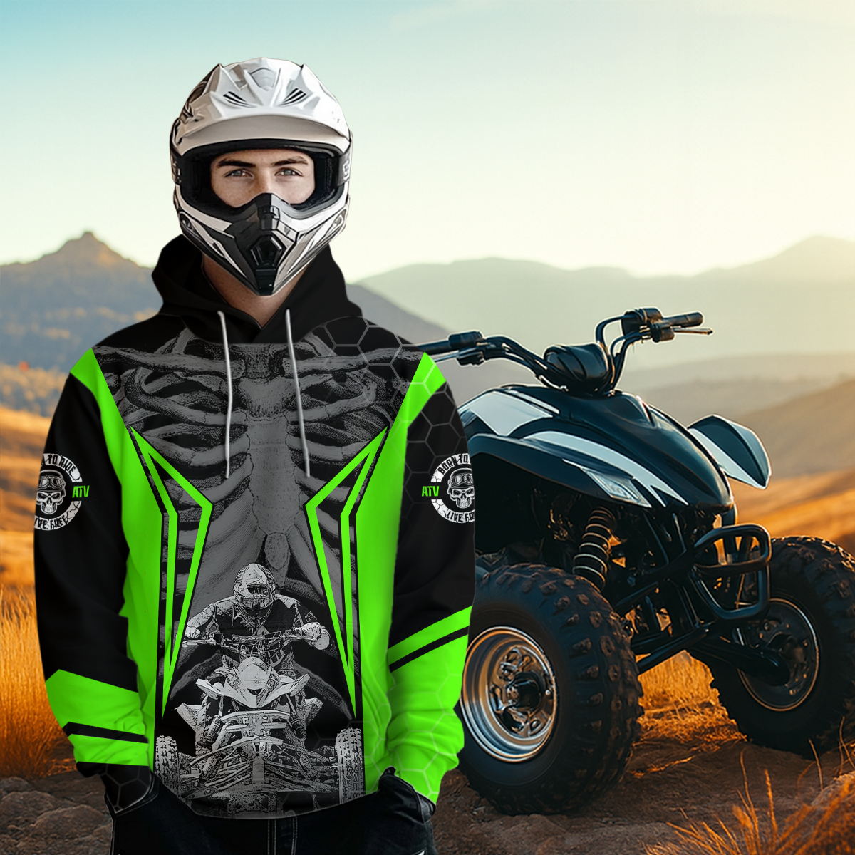 Personalized Green Atv Racing Hoodie Custom Name & Number Quad Bike Rider Motocross Shirt For Men Women NHN002