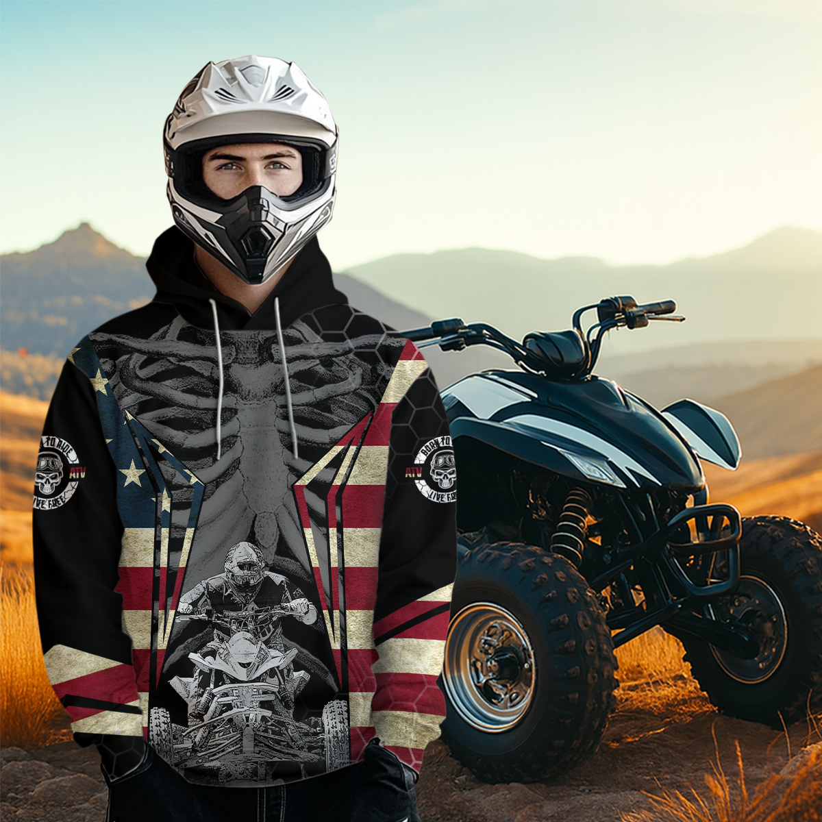 Patriotic Atv Racing Hoodie Custom Name & Number American Flag Quad Bike Rider Motocross Shirt For Men Women NHN002