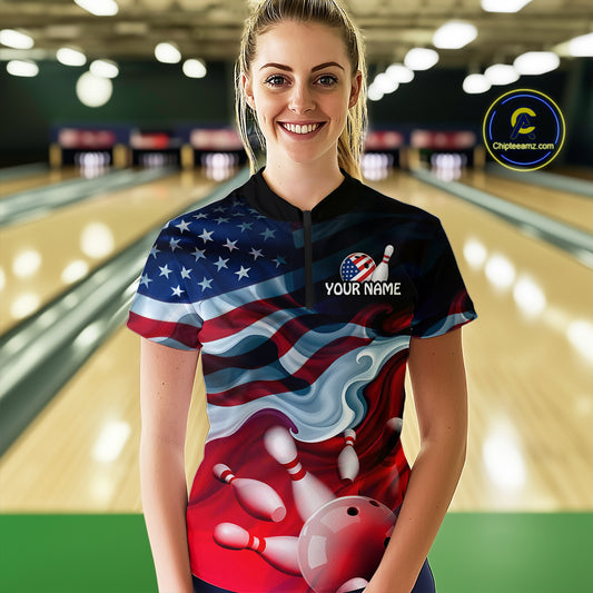 Personalized American Flag Bowling Quarter Zip Shirts For Women Custom Bowling Pattern Team Jersey 1/4 Zip Shirts YYD0021