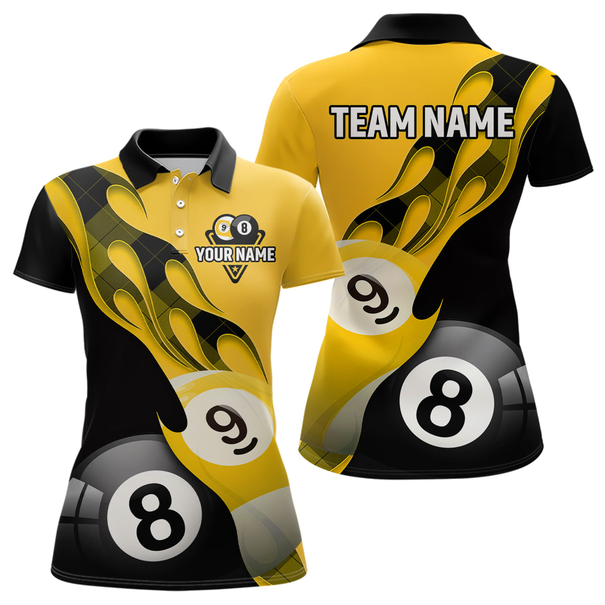 Personalized Flame 8 Ball & 9 Ball Billiard Polo Shirts For Women Custom Name Billiard Shirt Design YYD0034