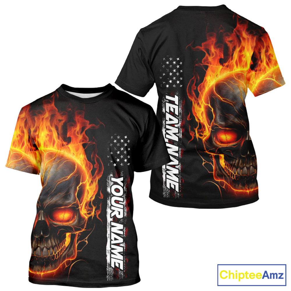 Flame Skull Custom Bowling Men T-Shirts Shirt, Patriotic Bowling Team Jersey Halloween Outfit IPHW5275