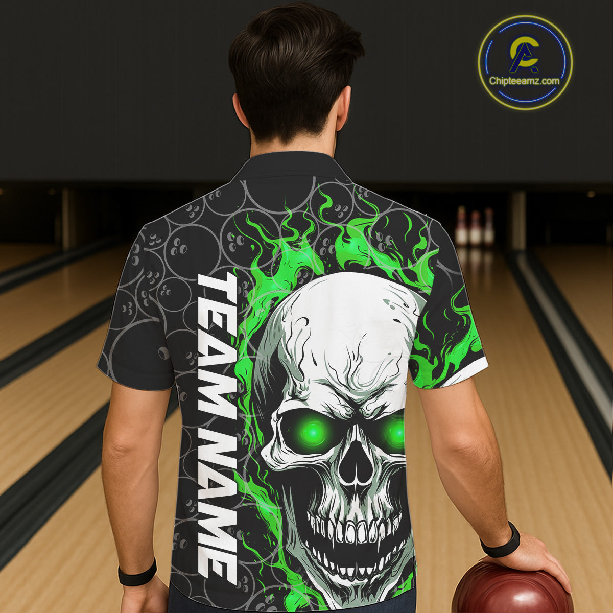 Custom Green Flame Skull Bowling Hawaiian Shirt For Men And Women, Halloween Bowler Jerseys IPHW5008