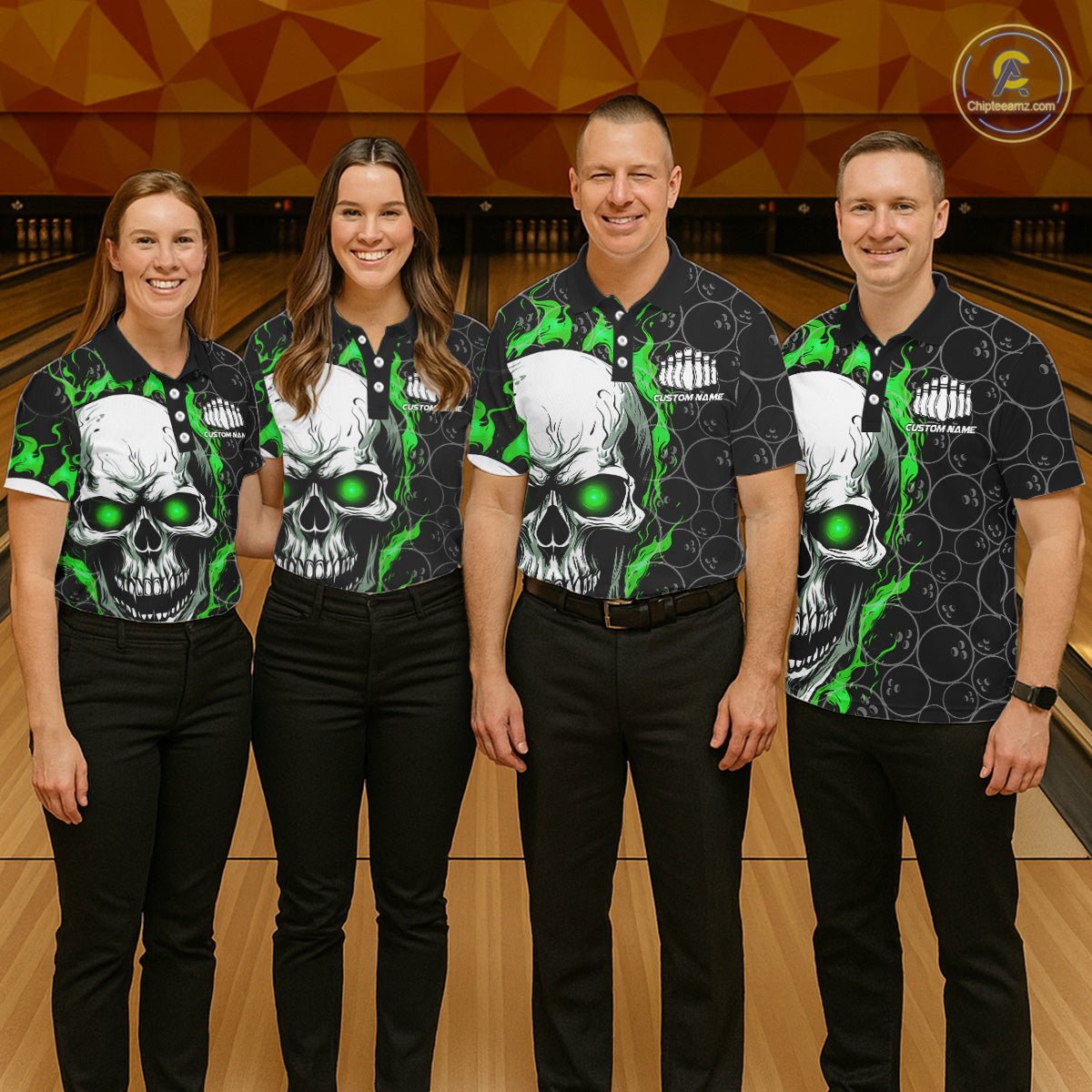 Personalized Skull Bowling Shirt For Men Custom Team'S Name Flame Bowler Jerseys | Green IPHW5008