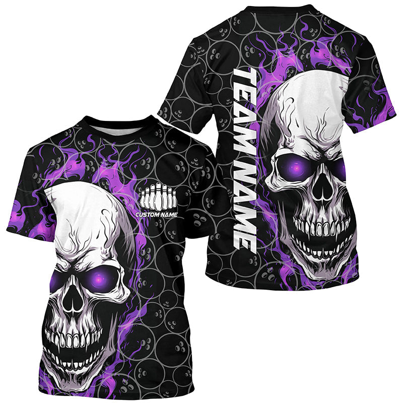 Custom Purple Flame Skull Bowling T Shirts For Men, Bowling Team All Over Printed Shirt For Bowling Team IPHW5009