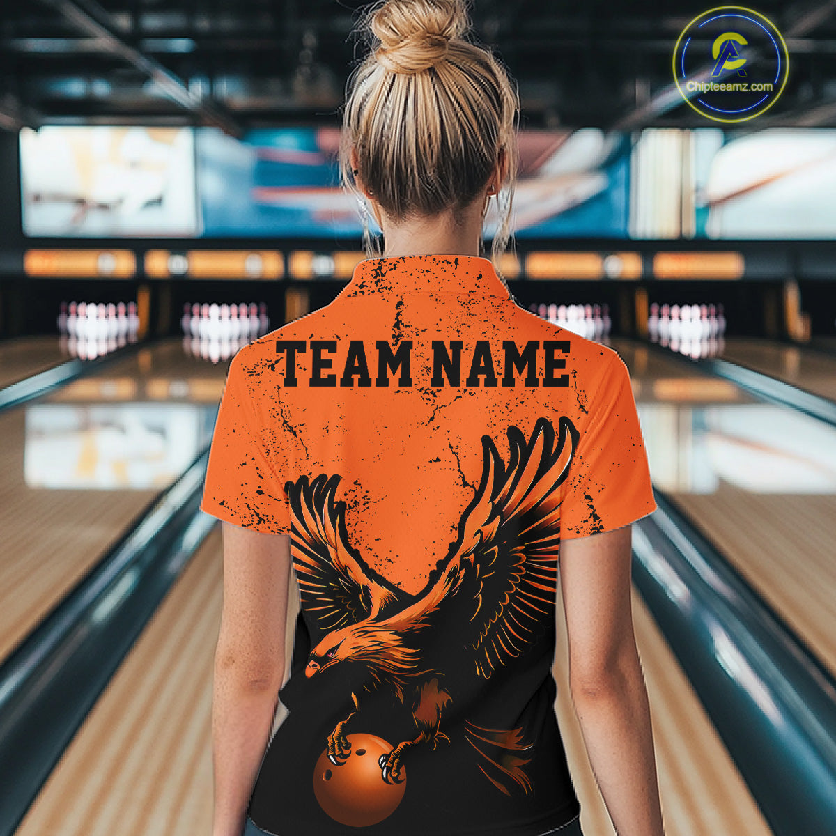 Custom Orange Eagle Women Bowling Quarter Zip Shirts Grunge Vintage Bowling Team Jerseys IPHW5343