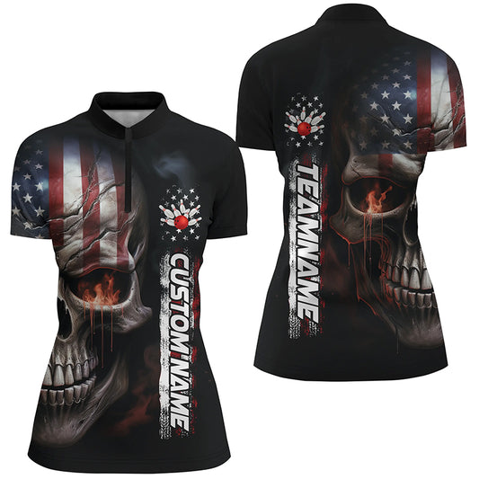 Flame Skull American Flag Custom Women's Team Bowling Shirts, Patriotic Bowling Shirt IPHW5178