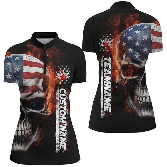 Flame Skull American Flag Custom Women's Team Bowling Shirts, Patriotic Bowling Shirt IPHW5179