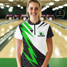 Load image into Gallery viewer, Black and White Bowling Polo, Quarter Zip Shirt for Women Custom Lightning Team bowling jersey | Green NQS9838