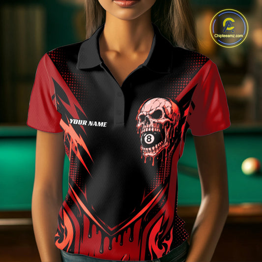 Front view of a woman wearing a and red custom billiards polo shirt featuring a skull biting an 8-ball amid dripping red flames.