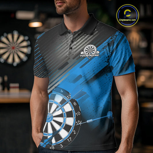 Custom Grunge Blue Dartboard Dart Team Polo Shirts For Men, Dart Players Jerseys IPHW9975