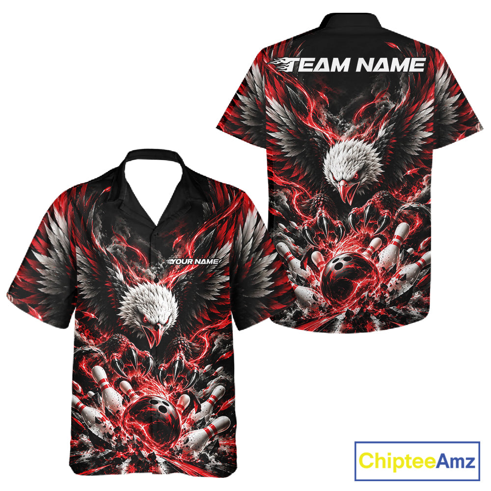Custom Red Flame Eagle Bowling Men And Women Button Up Shirt, Matching Bowling Team League Shirt IPHW12425