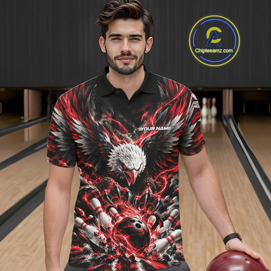 Custom Red Flame Eagle Bowling Men Polo Shirt, Matching Bowling Team League Shirt IPHW12425