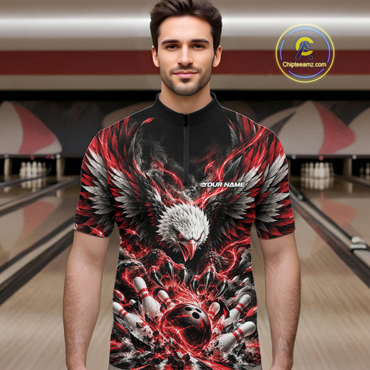 Custom Red Flame Eagle Bowling Men Quarter Zip Shirt, Matching Bowling Team League Shirt IPHW12425