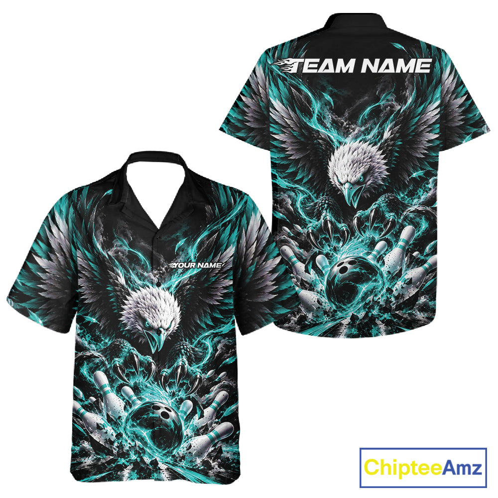 Custom Turquoise Flame Eagle Bowling Men And Women Button Up Shirt, Matching Bowling Team League Shirt IPHW12426