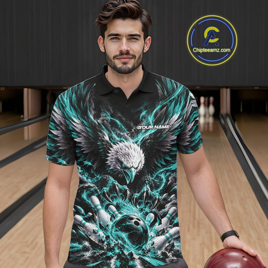 Custom Turquoise Flame Eagle Bowling Men Polo Shirt, Matching Bowling Team League Shirt IPHW12426