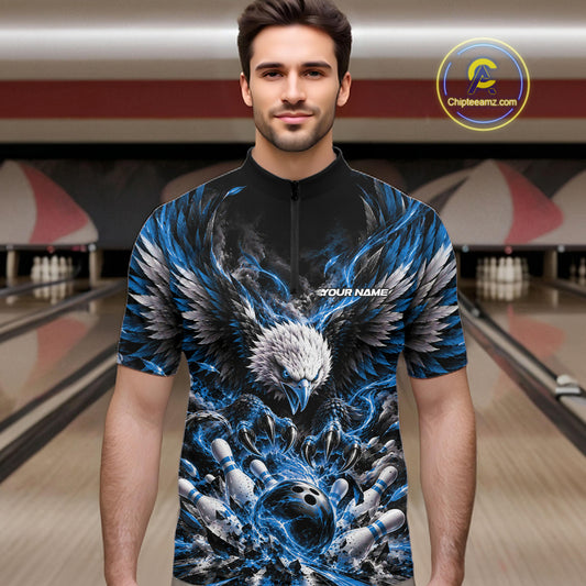 Custom Ocean Blue Flame Eagle Bowling Men Quarter Zip Shirt, Matching Bowling Team League Shirt IPHW12427