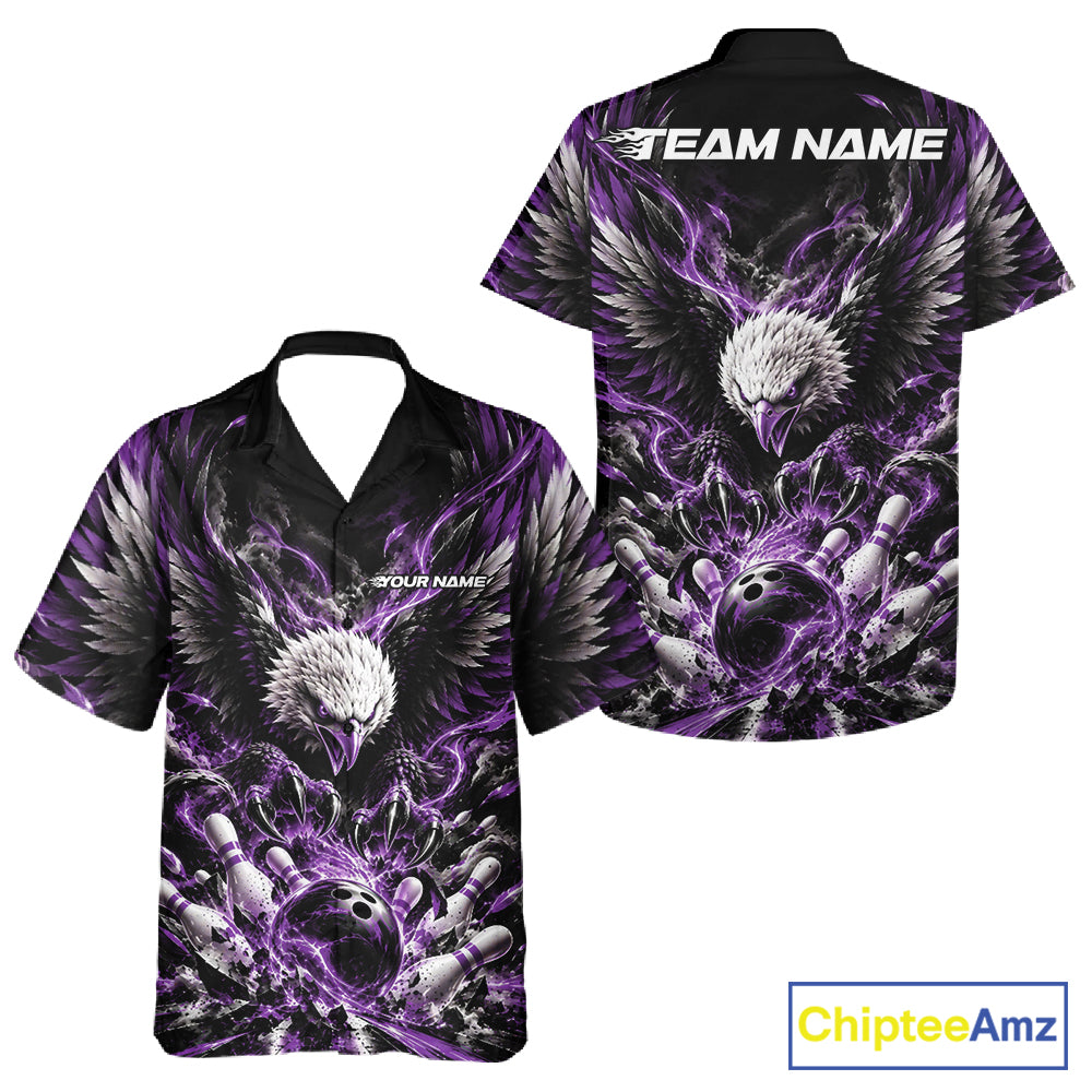 Custom Purple Flame Eagle Bowling Men And Women Button Up Shirt, Matching Bowling Team League Shirt IPHW12428