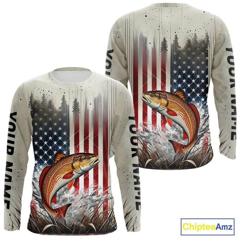 Custom Patriotic US Flag Redfish Puppy Drum Long Sleeve Fishing Shirts, Redfish Fishing Jerseys IPHW9294
