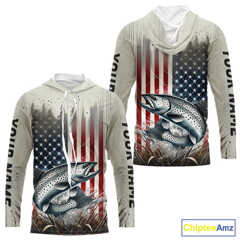 Custom Patriotic US Flag Speckled Trout Long Sleeve Hooded Fishing Shirts, Trout Fishing Jerseys IPHW9295
