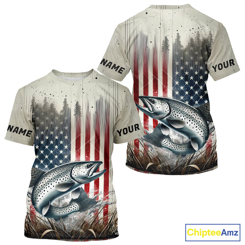Custom Patriotic US Flag Speckled Trout Fishing T-Shirts, Trout Fishing Jerseys IPHW9295
