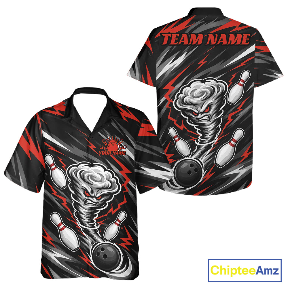 Custom Black And Red Storm Thunnder Lightning Bolts Bowling Team Men And Women Button Up Shirt IPHW11807