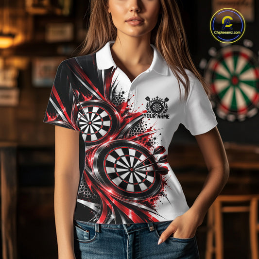 Custom Black And Red Dartboard Dart Team Polo Shirt For Women, Dart League Outfit IPHW12469