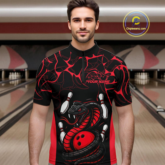 Custom Black And Red Cobra Snake Bowling Jerseys, Bowling Team Men Quarter-Zip Shirts IPHW9813