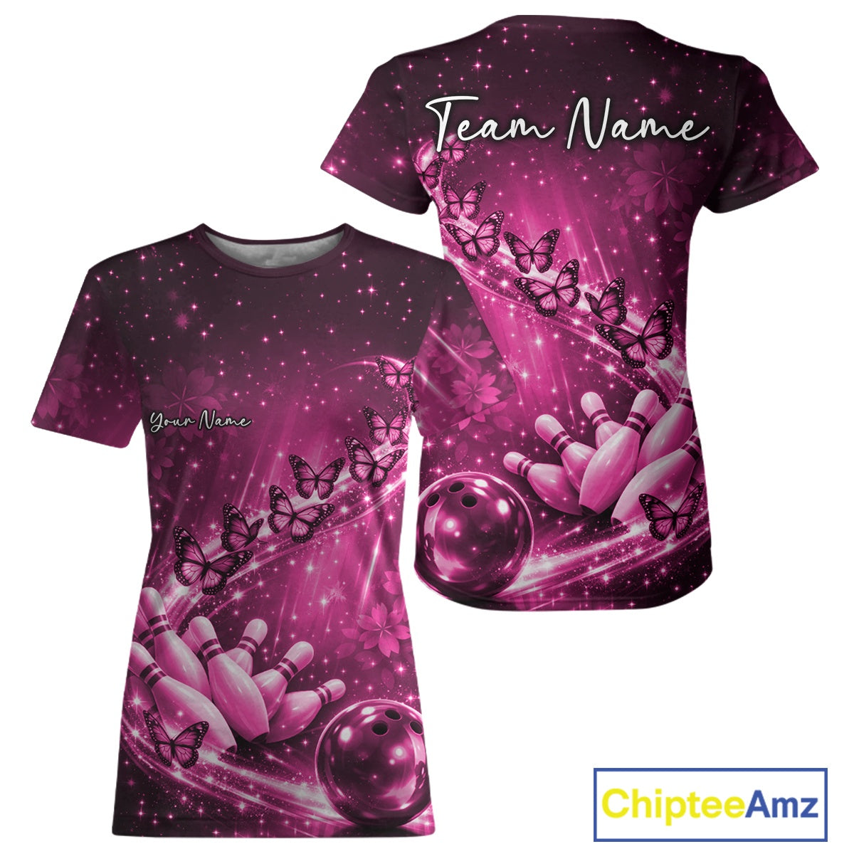 Custom Pink Butterfly Bowling Women T-Shirts Team, Ladies Bowling League IPHW10901