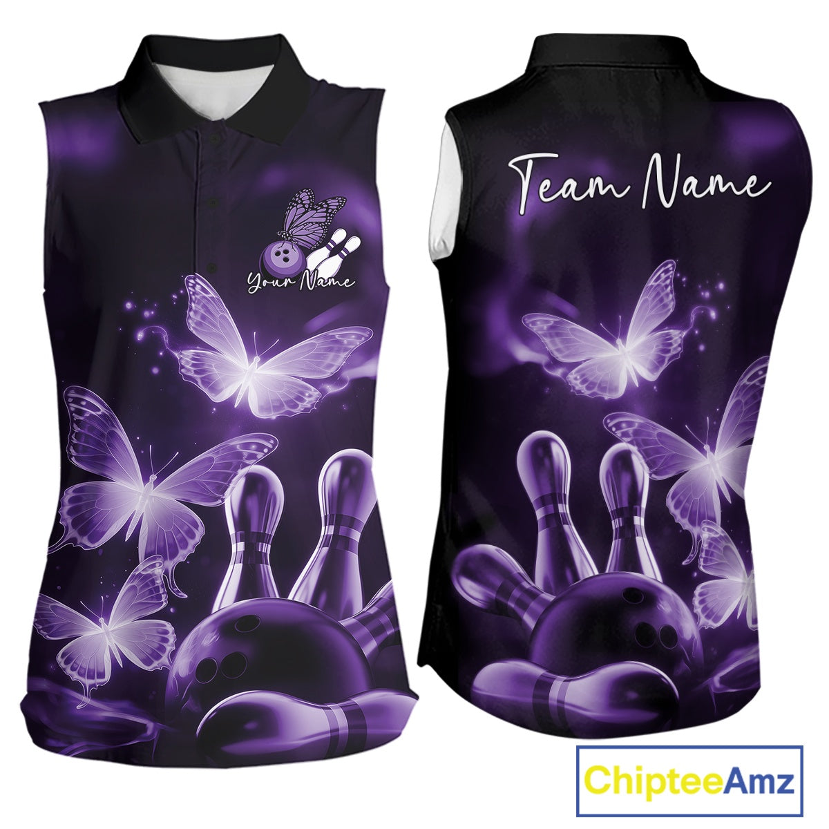 Custom Purple Butterfly Bowling Sleeveless Polo Shirts Women, Bowling Team Shirt With Butterflies IPHW10700