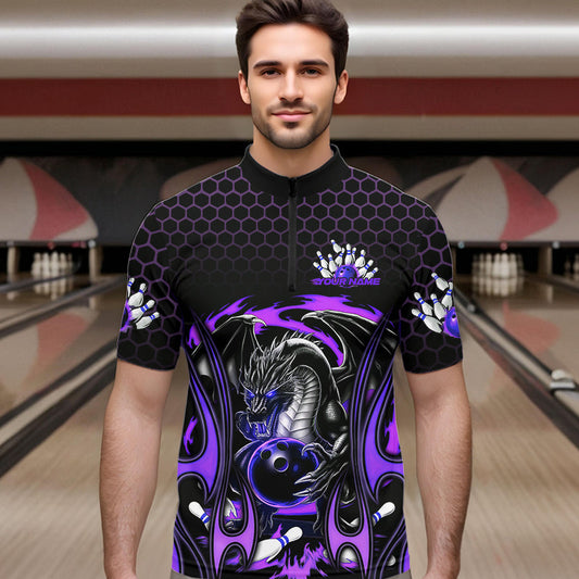 Custom Black And Purple Flame Dragon Bowling Men Quarter-Zip Shirts, Team Bowling League Shirt IPHW8840