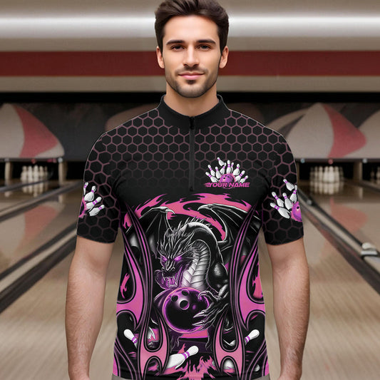 Custom Black And Pink Flame Dragon Bowling Men Quarter-Zip Shirts, Team Bowling League Shirt IPHW8841