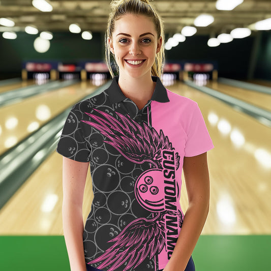 Black And Pink Custom Bowling Tournament Women Polo Shirts, Bowling Ball And Wings Jerseys IPHW8848