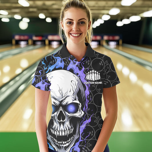 Custom Blue And Purple Flame Skull Bowling Women Polo Shirts, Bowling Team League Shirt IPHW8854