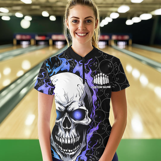 Custom Blue And Purple Flame Skull Bowling Women Quarter-Zip Shirts, Bowling League Shirt IPHW8854