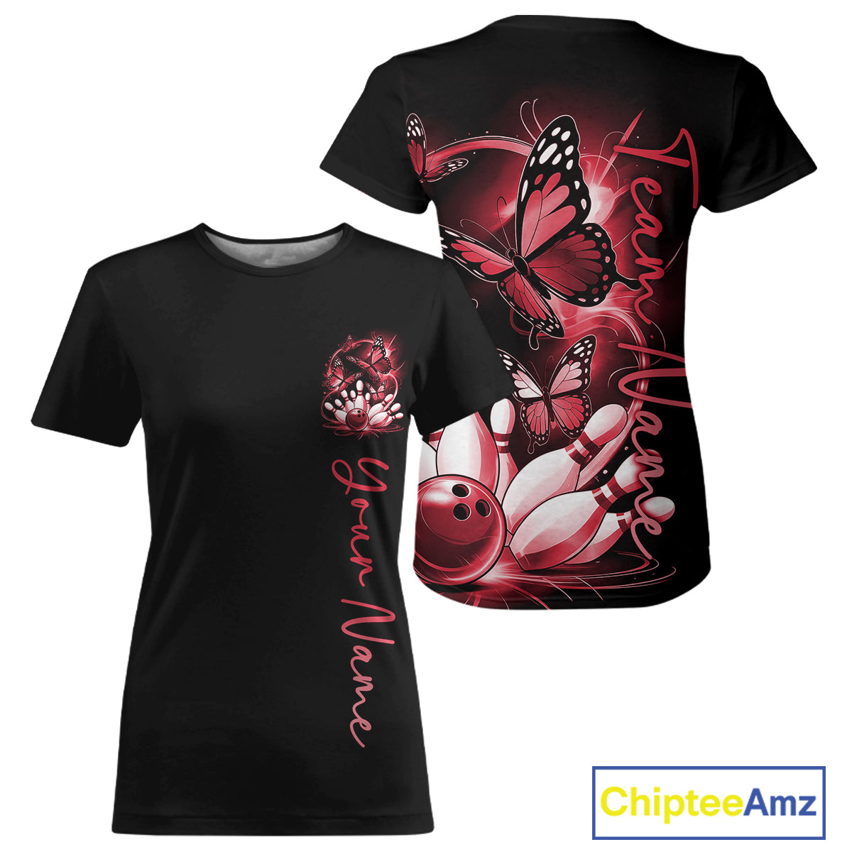Custom Red Butterfly Bowling Women T-Shirts With Team Name, Bowling Uniform IPHW10946