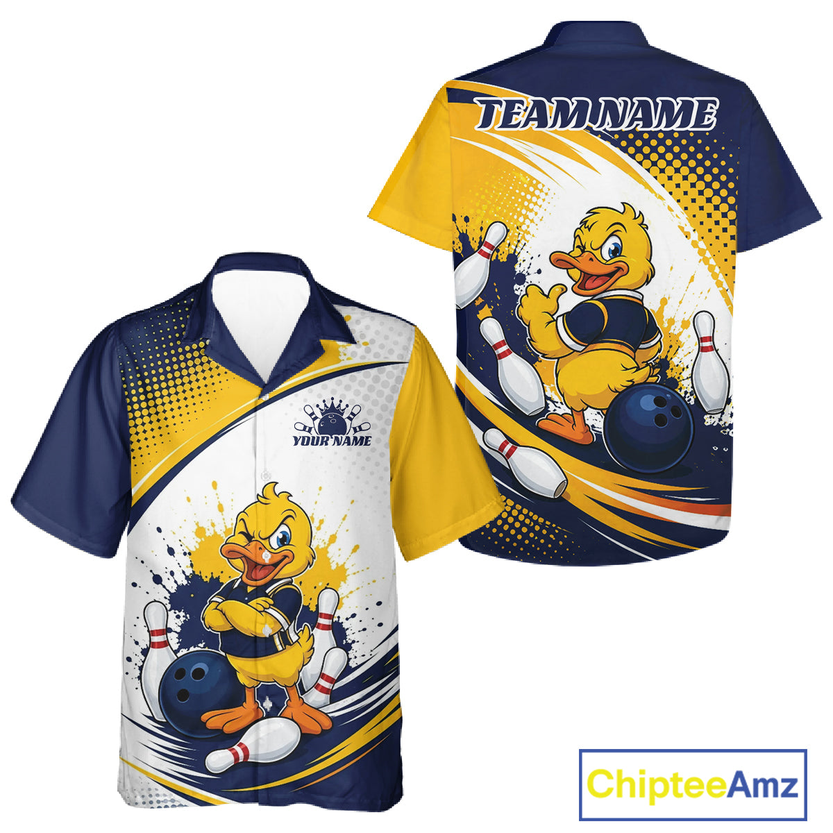 Front and back views of a custom bowling-themed short-sleeve button-up shirt. The design features a yellow cartoon duck mascot, bowling pins, bowling balls, and a navy blue and yellow color-blocked layout with white splatter accents.