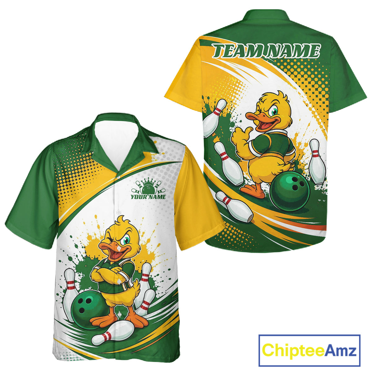 Front and back views of a customizable bowling short-sleeve button-up shirt. The shirt features a green and yellow color scheme with a cartoon yellow duck mascot, bowling pins, and bowling balls.